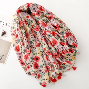 Floral print summer scarf with red poppy patterns and red tassel edges for women