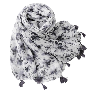 National style white scarf with black floral ink painting and tassel detail