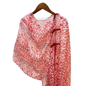 New Chinese style red and white geometric shawl with traditional button closure