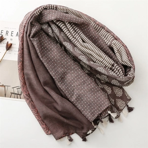 Detailed view of bohemian linen-feel scarf featuring mixed patterns and contrast tassels