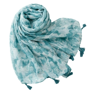 Blue and white abstract print cotton linen scarf with elegant tassels for women