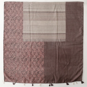 Ethnic style cotton linen feel shawl with patchwork geometric prints and tassel trim