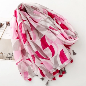Lightweight floral print scarf for women with pink geometric patterns and fringe