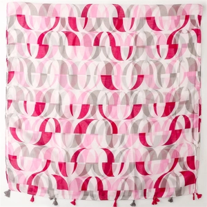 Lightweight geometric print scarf with pink and grey tassels on white background