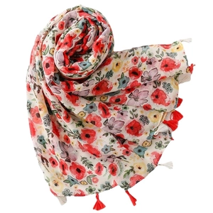 Summer silk scarf with pink floral poppy print and red tassels for beach sun protection
