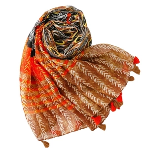 Ethnic style scarf with orange geometric patterns and fringes for sun protection
