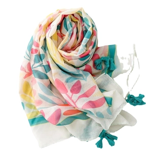 Écharpe légère à fleurs roses avec pompons bleus et motifs botaniques pour femmes