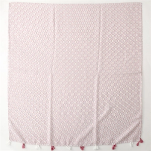 Elegant strawberry leaf print beach scarf with pink and white tassels in cream white