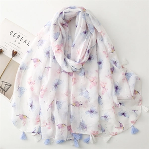 Women Butterfly Print Scarf Lightweight Breathable Polyester Shawl With Silver Wire Tassels Sun Protection Fashion Wrap