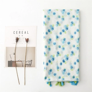 Floral cotton linen scarf with blue berry prints and tassels for sun protection