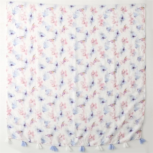 Cotton linen scarf with butterfly sequins print and blue tassels for sun protection