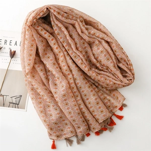 Floral print lightweight scarf with tassels in brown and orange for beach sunscreen