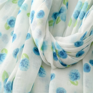 Macro detail of lightweight white scarf with watercolor blueberry print and sheer texture
