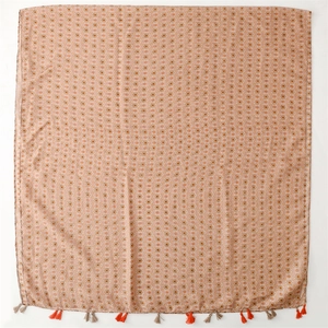 Beige floral print shawl with orange geometric patterns and tassel fringe details