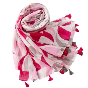 Lightweight geometric print scarf with pink and grey tassels on a clean white background