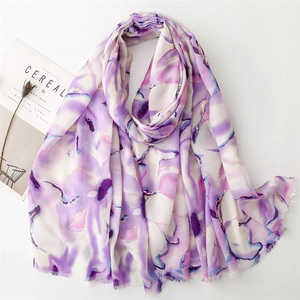 Chic linen-feel scarf with purple marble watercolor print and metallic gold foil details
