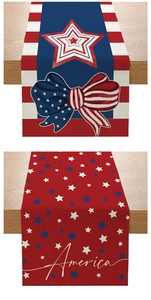 Detail of Independence Day table runner with stars and stripes printed on linen fabric