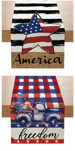 Detail of Independence Day table runners featuring patriotic stars and freedom slogans