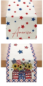 Detail showing two American Independence Day table runners with stars and sunflower mason jars