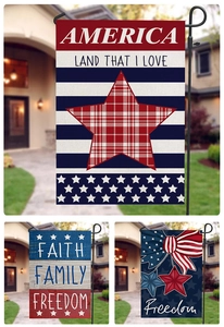 Detailed views of Independence Day garden flags featuring patriotic America themes and slogans