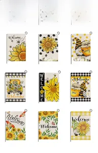 Detail view of sunflower and bee garden flags with nine decorative welcome styles