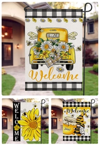 Vertical garden flags with bee and sunflower prints on decorative black and white borders