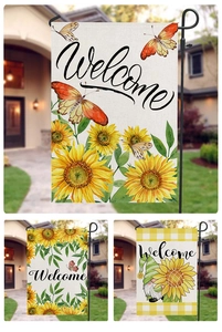Detail of sunflower and butterfly print garden flag with black metal bracket stand