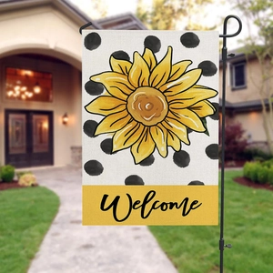 Sunflower and Welcome garden flag on metal stand with black polka dots for outdoor decor