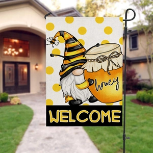 Polyester garden flag with bee gnome design and welcome sign on metal hanger stand