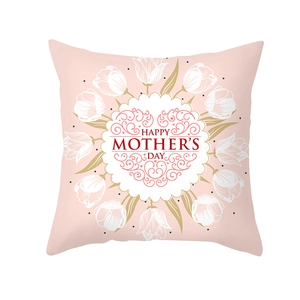 Pink Mother's Day pillow case with white tulip wreath and happy mother's day text