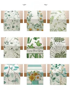 Collage of nine floral table runners featuring daisy and eucalyptus leaf patterns