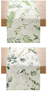 Detail of polyester table runner featuring green leaf and eucalyptus printed patterns