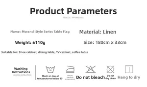 Table runner size specifications showing 180x33cm dimensions and linen fabric care guide