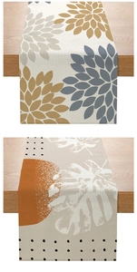 Close-up of Morandi style polyester table runners with floral and geometric patterns