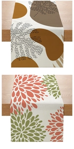 Close-up of Morandi style polyester table runner with abstract floral and leaf patterns