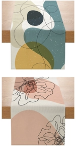 Detailed comparison of Morandi style geometric and floral print polyester table runners