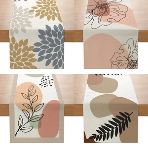 Modern Minimalist Table Runner Polyester Linen Texture Abstract Botanical Print Home Dining Room Decor