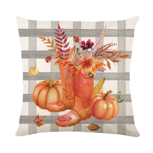 Square fall pillow cover with orange boots, pumpkins, and gray plaid pattern for home decor