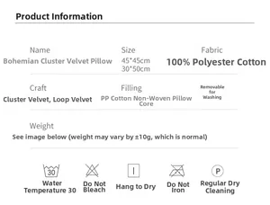 Detailed chart showing size and fabric specs of bohemian tufted polyester pillow covers