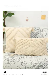 Cream tufted geometric square and lumbar pillows with tassels on a lace sofa
