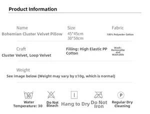 Detailed technical specifications and washing guide for tufted bohemian pillow covers