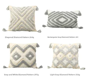 Detailed view of bohemian tufted pillow covers with geometric patterns and tassels