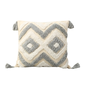 Bohemian tufted cushion cover with grey diamond patterns and decorative corner tassels