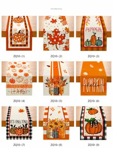 Close-up of autumn pumpkin prints on polyester table runner with detailed fabric texture