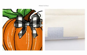 Detail of harvest pumpkin print and neat stitching on polyester table runner fabric