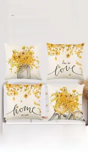 Detail of four autumn floral pillowcases with watercolor sunflower and bike prints