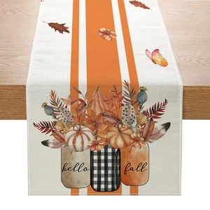 Autumn harvest pumpkin table runner with Hello Fall print on beige linen texture