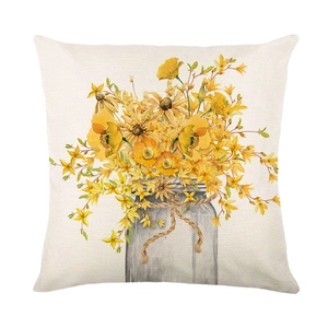 Fall floral pillow cover featuring yellow flowers in a glass jar on cream polyester fabric