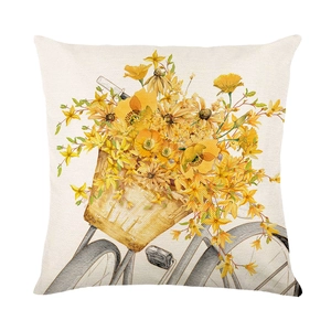 Square floral cushion cover with watercolor bicycle and yellow flower print design