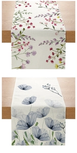 Detail of floral printed polyester table runner with fine stitching on wooden surface